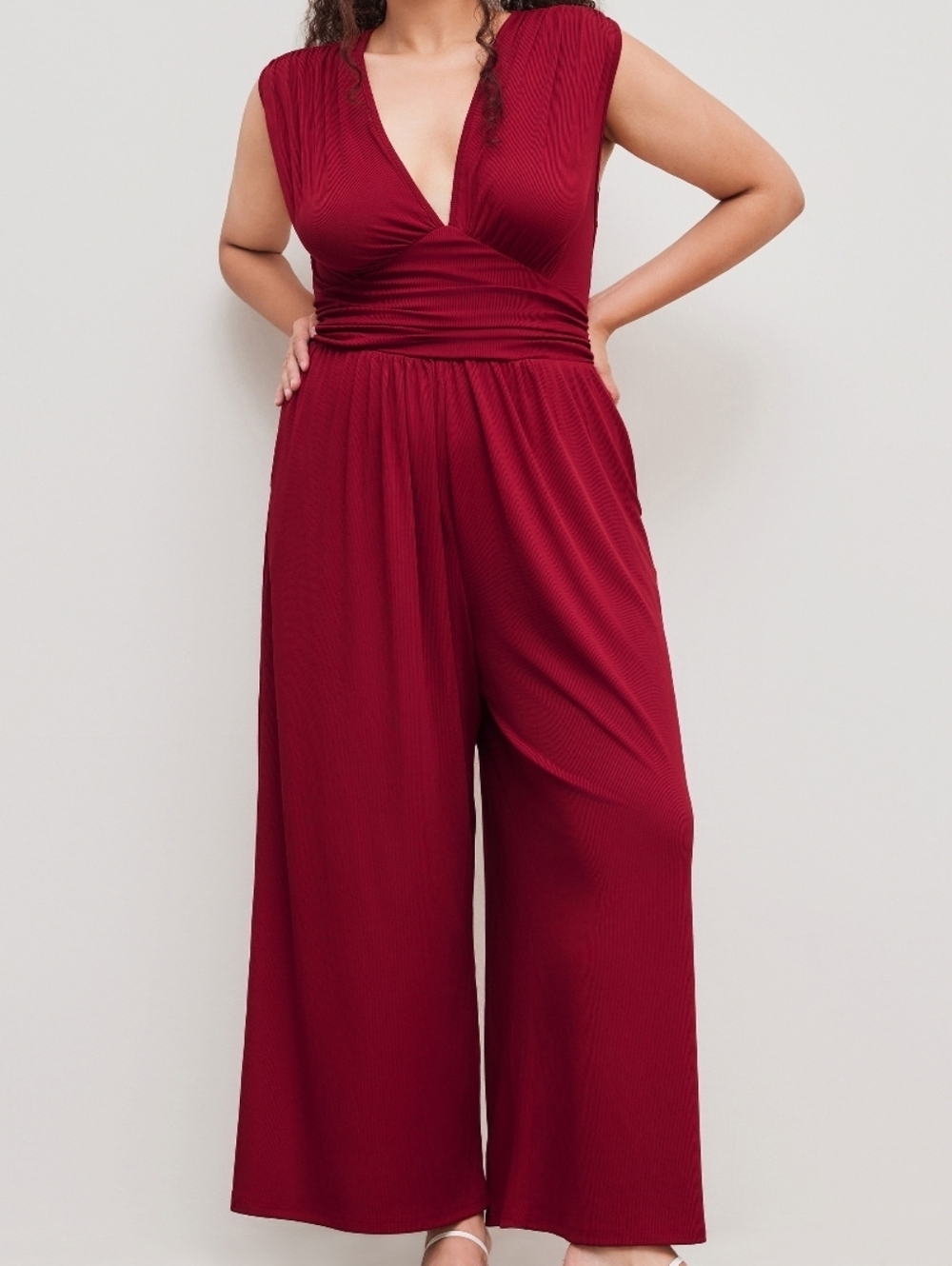 Cider V-Neckline Ribbed Flowy Jumpsuit